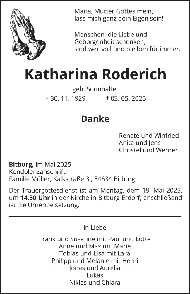  Traueranzeige für Katharina Roderich vom 10.05.2025 aus trierischer_volksfreund