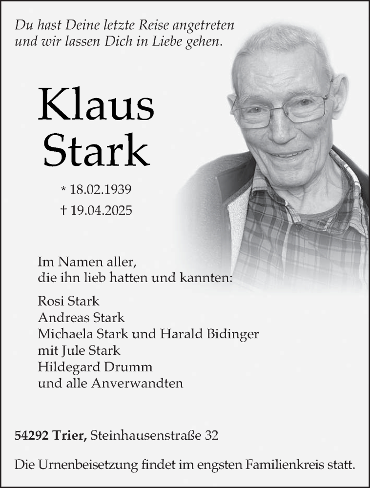  Traueranzeige für Klaus Stark vom 10.05.2025 aus trierischer_volksfreund