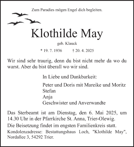 Traueranzeige von Klothilde May von trierischer_volksfreund