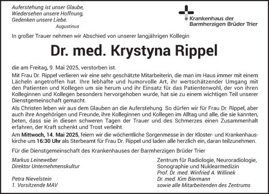 Traueranzeige von Krystyna Rippel von trierischer_volksfreund