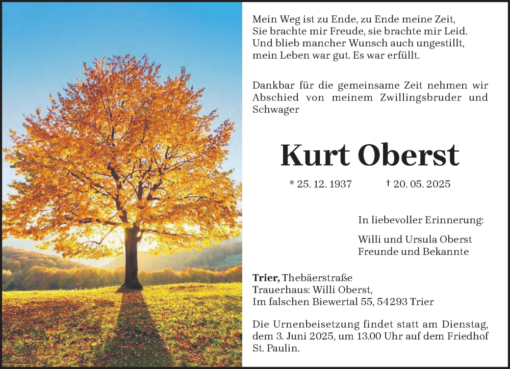  Traueranzeige für Kurt Oberst vom 28.05.2025 aus trierischer_volksfreund