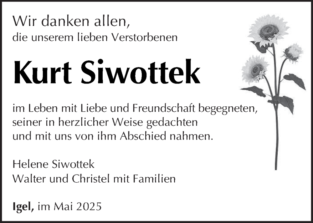  Traueranzeige für Kurt Siwottek vom 03.05.2025 aus trierischer_volksfreund