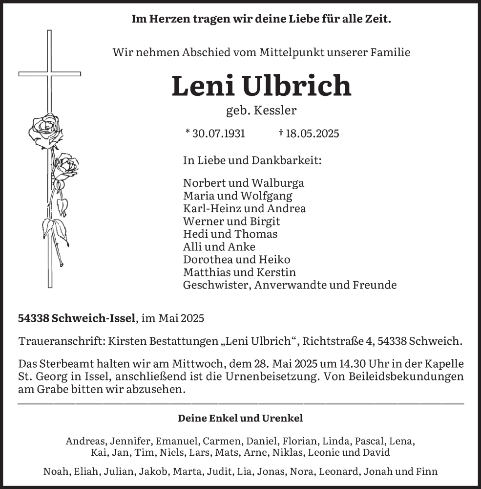  Traueranzeige für Leni Ulbrich vom 24.05.2025 aus trierischer_volksfreund