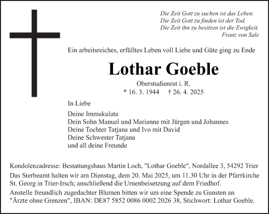 Traueranzeige von Lothar Goeble von trierischer_volksfreund