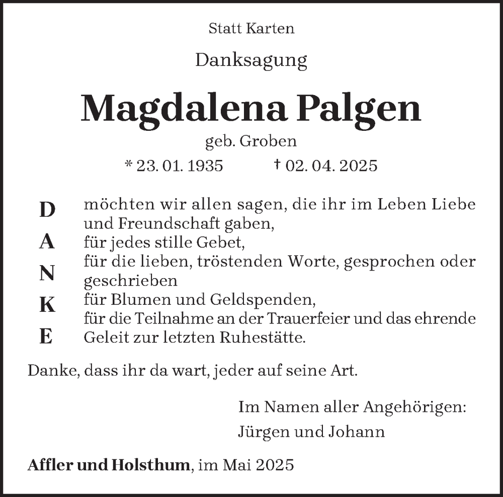  Traueranzeige für Magdalena Palgen vom 14.05.2025 aus trierischer_volksfreund