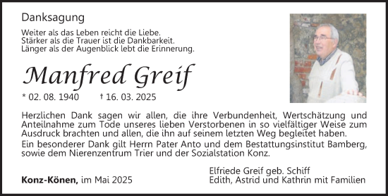 Traueranzeige von Manfred Greif von trierischer_volksfreund
