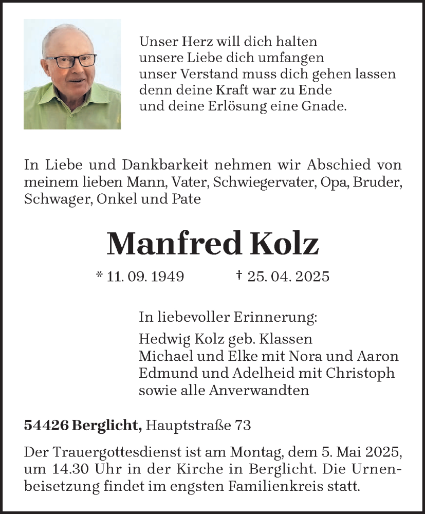  Traueranzeige für Manfred Kolz vom 30.04.2025 aus trierischer_volksfreund