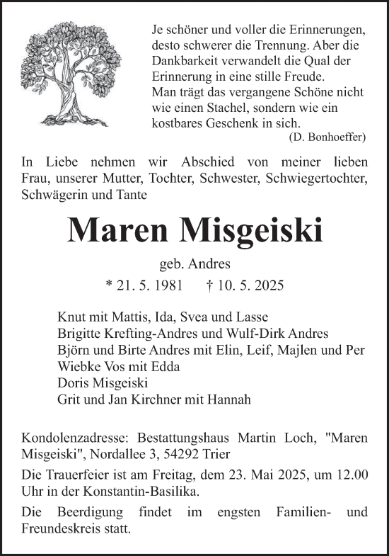 Traueranzeige von Maren Misgeiski von trierischer_volksfreund