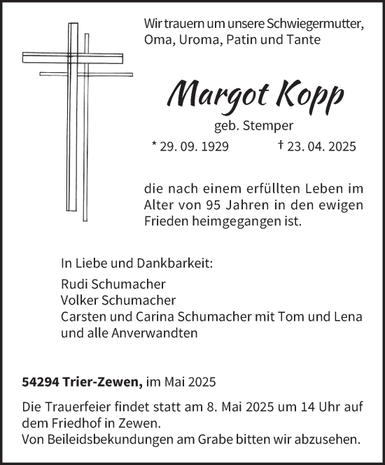 Traueranzeige von Margot Kopp von trierischer_volksfreund