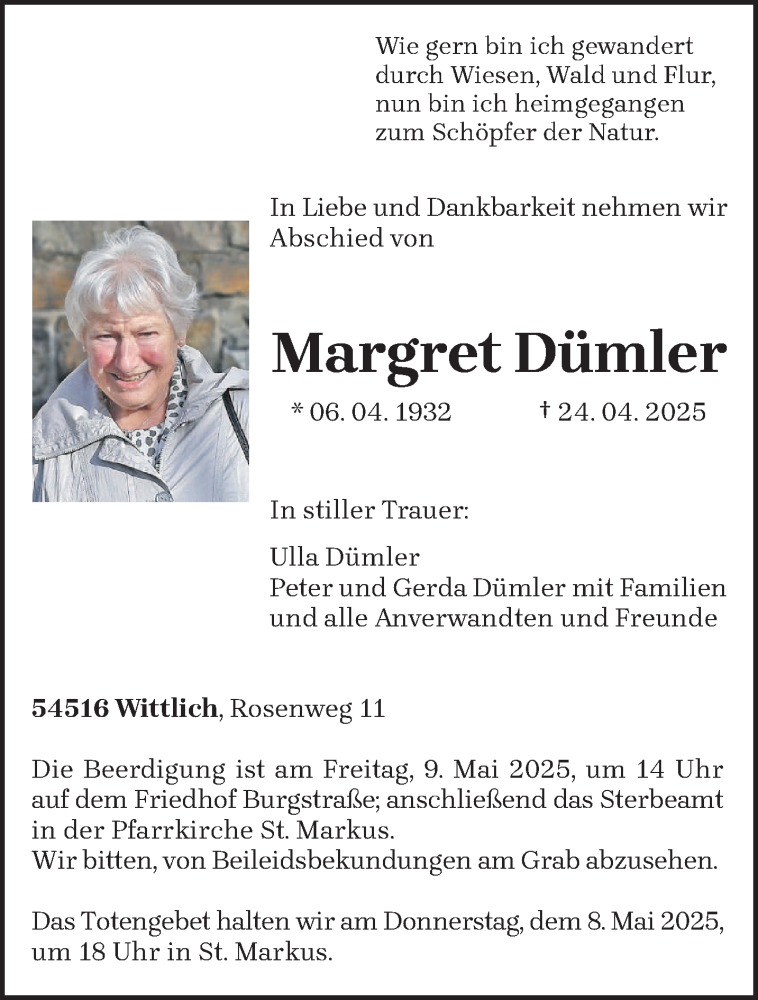  Traueranzeige für Margret Dümler vom 03.05.2025 aus trierischer_volksfreund