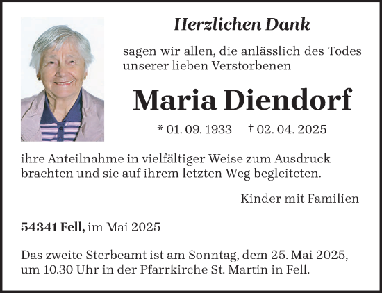 Traueranzeige von Maria Diendorf von trierischer_volksfreund
