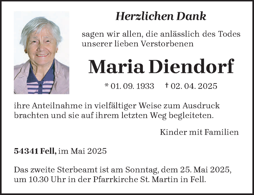  Traueranzeige für Maria Diendorf vom 21.05.2025 aus trierischer_volksfreund