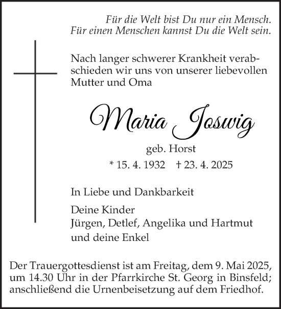 Traueranzeige von Maria Joswig von trierischer_volksfreund