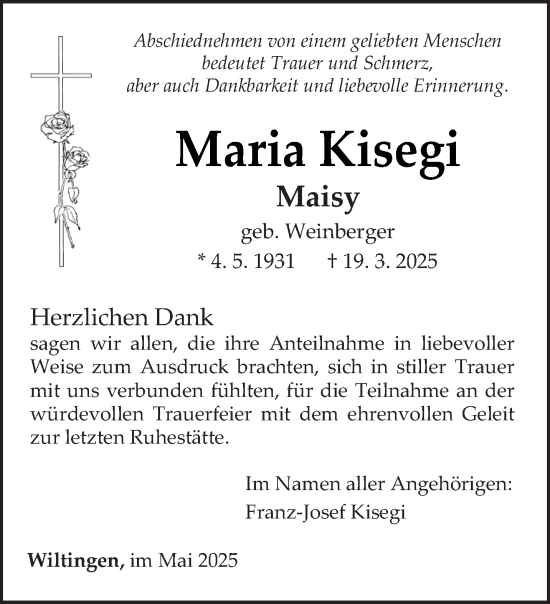 Traueranzeige von Maria Kisegi von trierischer_volksfreund