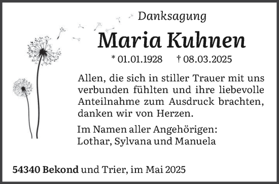 Traueranzeige von Maria Kuhnen von trierischer_volksfreund