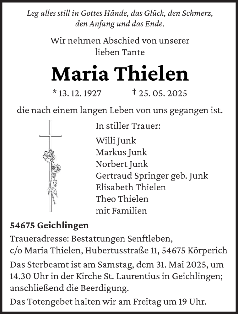  Traueranzeige für Maria Thielen vom 28.05.2025 aus trierischer_volksfreund