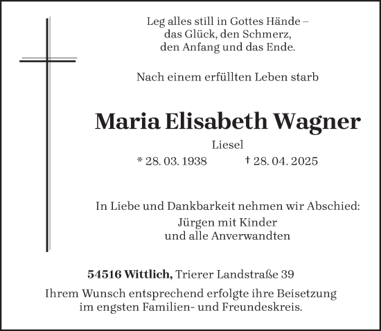 Traueranzeige von Maria Elisabeth Wagner von trierischer_volksfreund