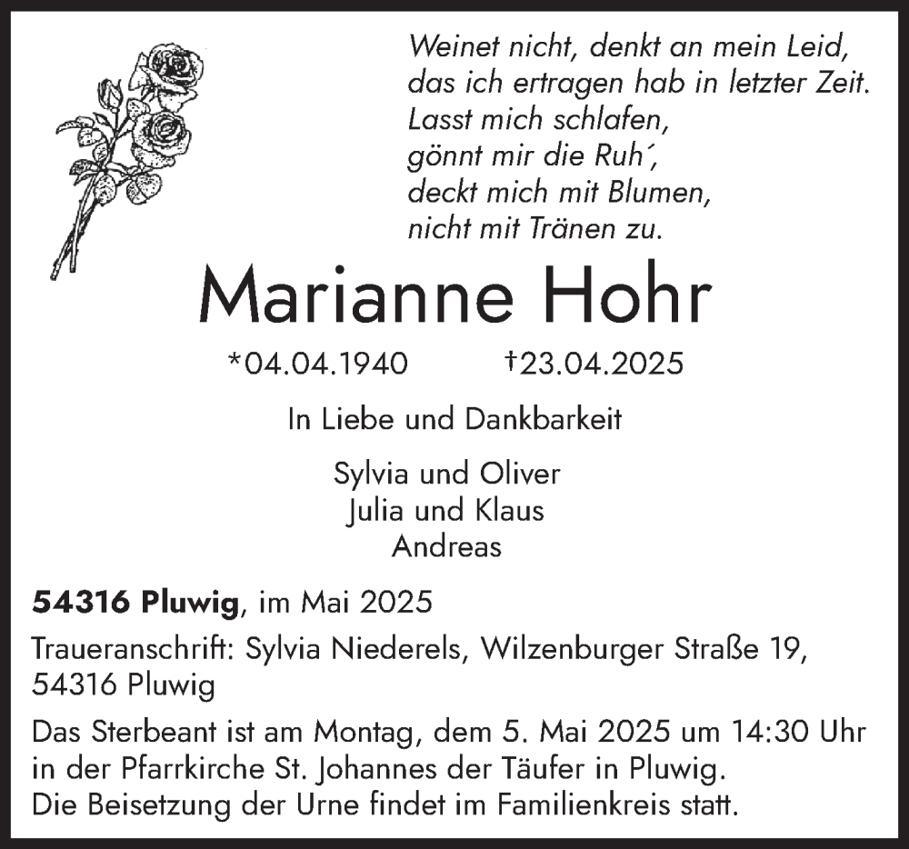  Traueranzeige für Marianne Hohr vom 03.05.2025 aus trierischer_volksfreund
