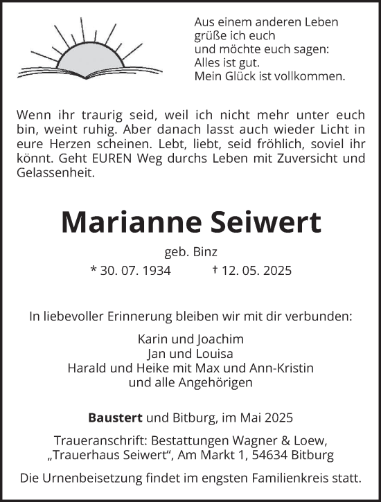 Traueranzeige von Marianne Seiwert von trierischer_volksfreund