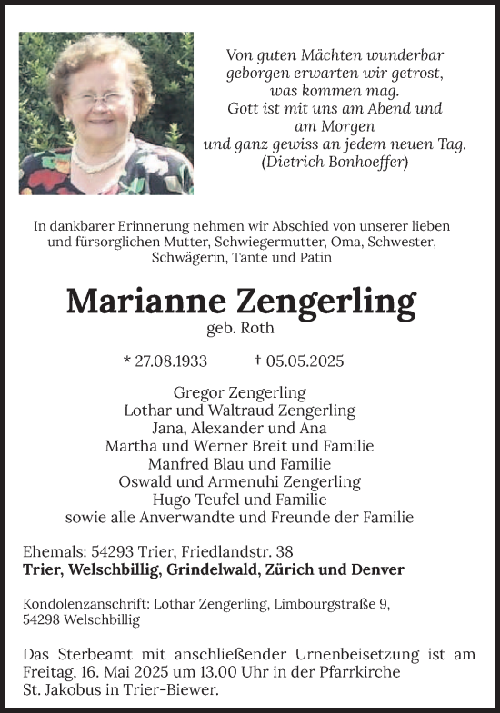 Traueranzeige von Marianne Zengerling von trierischer_volksfreund
