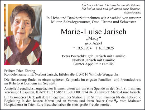Traueranzeige von Marie-Luise Jarisch von trierischer_volksfreund