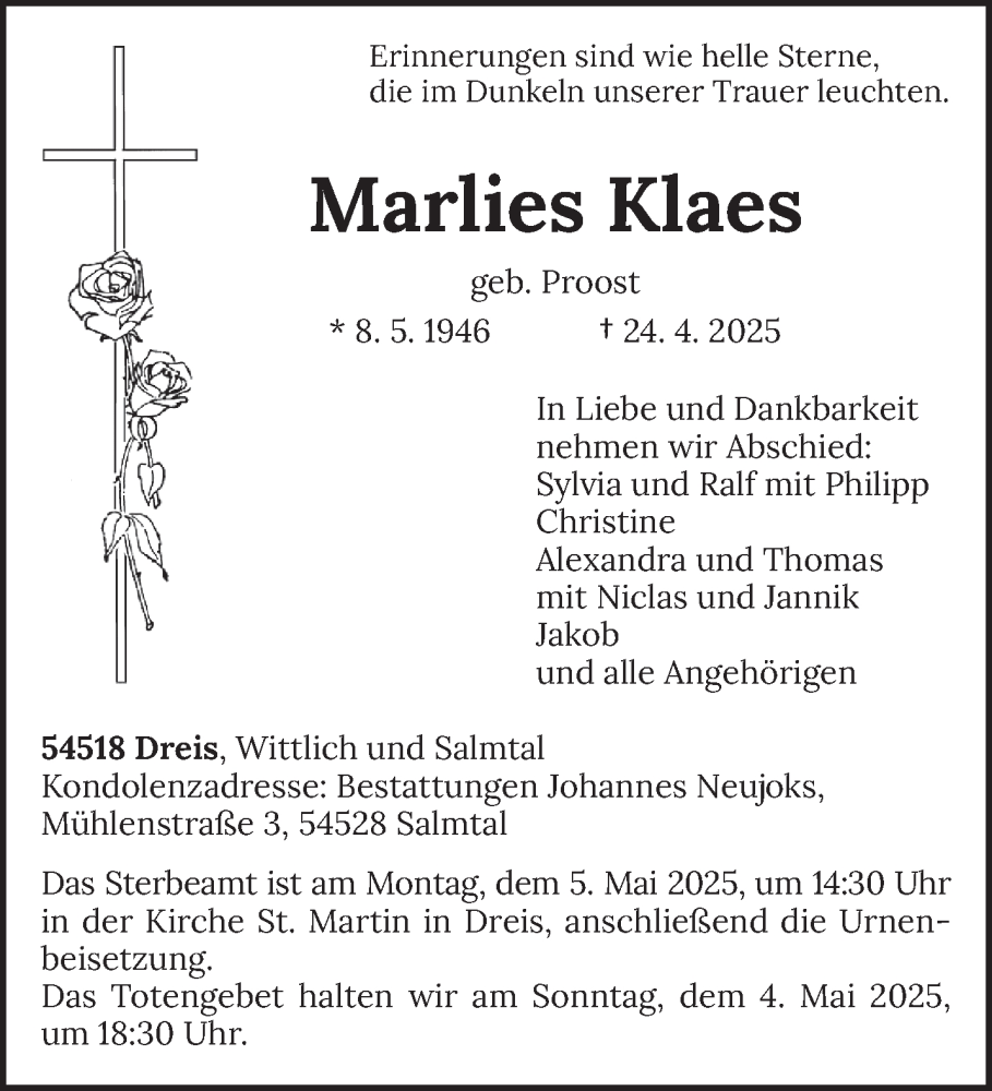  Traueranzeige für Marlies Klaes vom 30.04.2025 aus trierischer_volksfreund