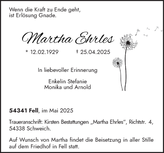 Traueranzeige von Martha Ehrles von trierischer_volksfreund
