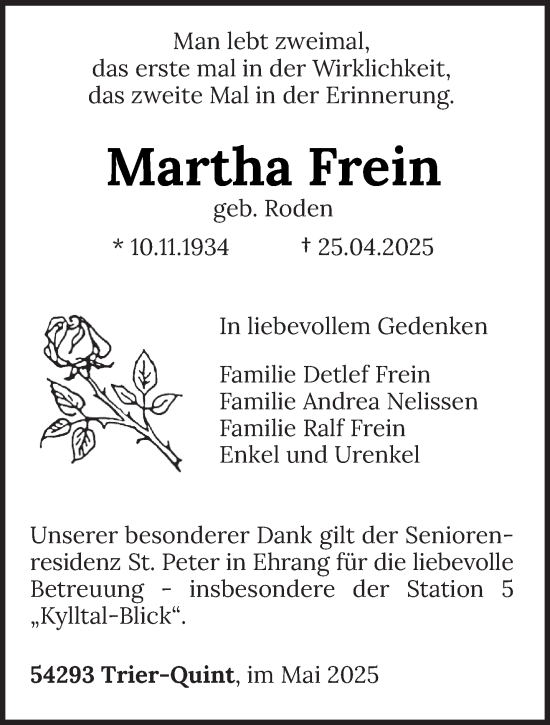 Traueranzeige von Martha Frein von trierischer_volksfreund