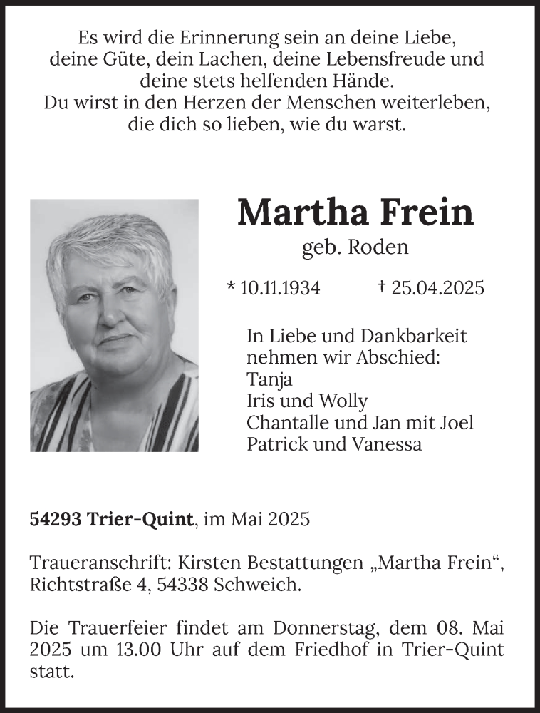  Traueranzeige für Martha Frein vom 03.05.2025 aus trierischer_volksfreund