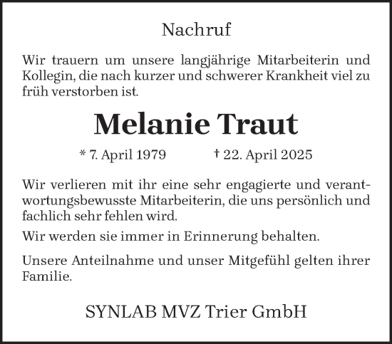 Traueranzeige von Melanie Traut von trierischer_volksfreund