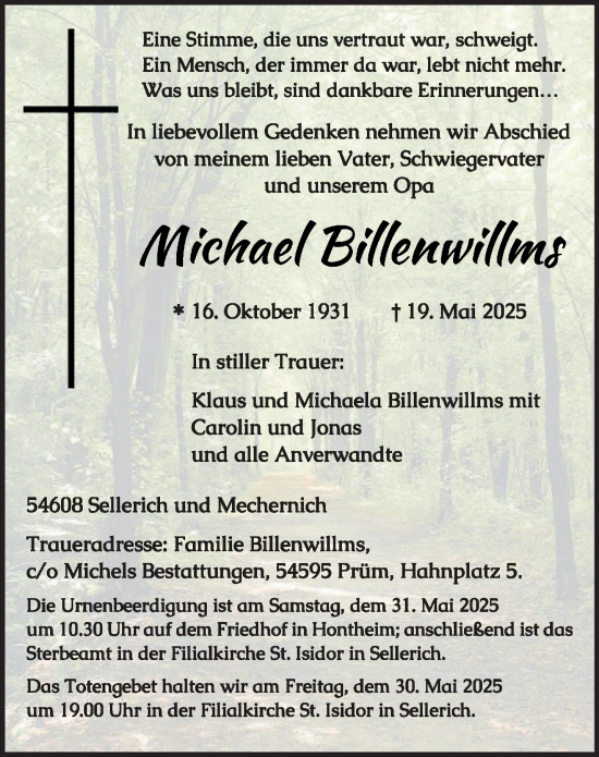 Traueranzeige von Michael Billenwillms von trierischer_volksfreund