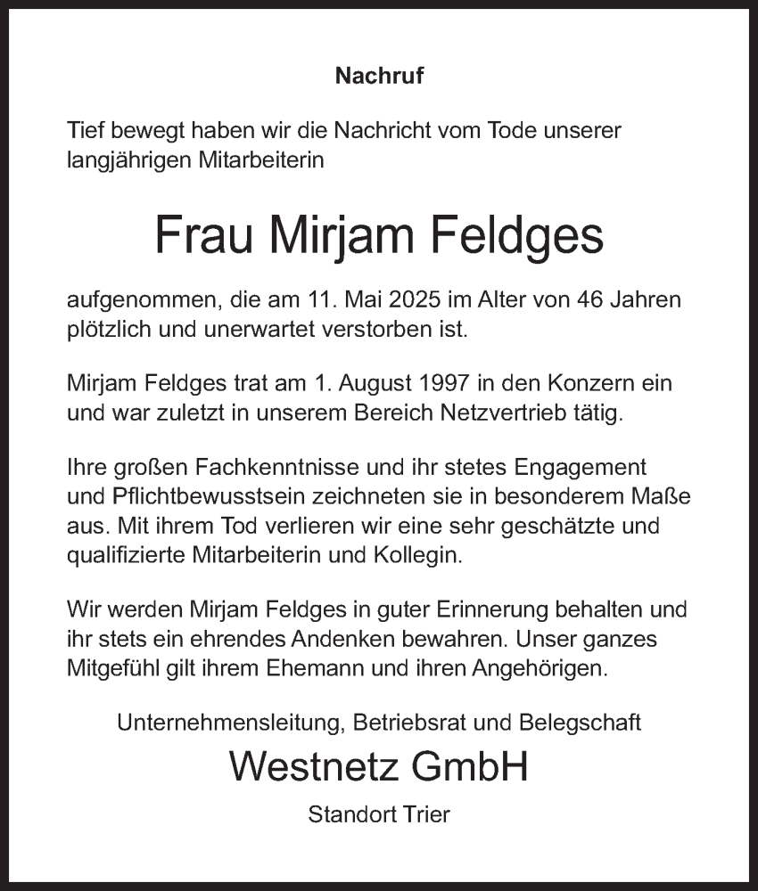  Traueranzeige für Mirjam Feldges vom 17.05.2025 aus trierischer_volksfreund