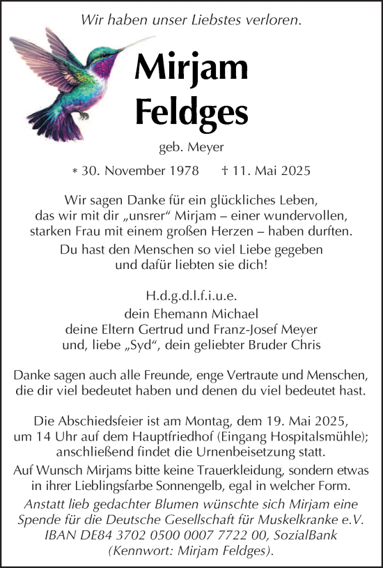 Traueranzeige von Mirjam Feldges von trierischer_volksfreund