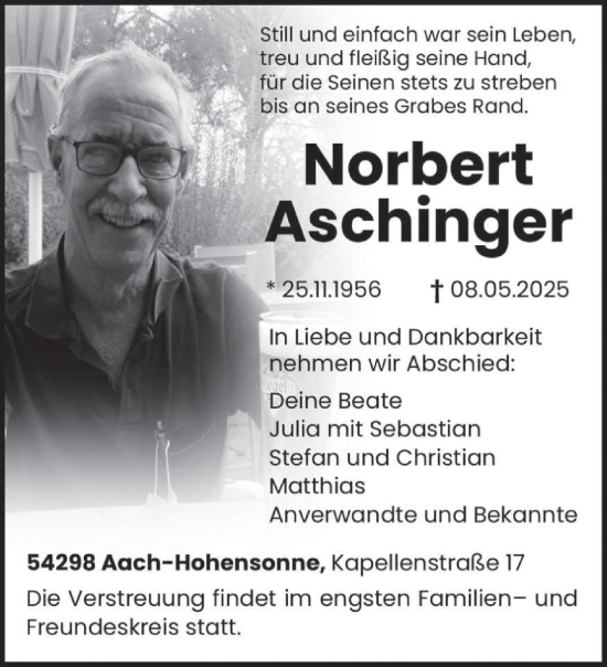 Traueranzeige von Norbert Aschinger von trierischer_volksfreund
