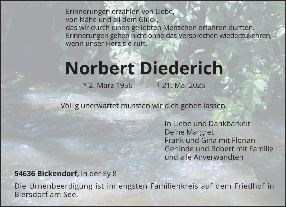  Traueranzeige für Norbert Diederich vom 24.05.2025 aus trierischer_volksfreund