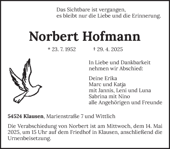 Traueranzeige von Norbert Hofmann von trierischer_volksfreund