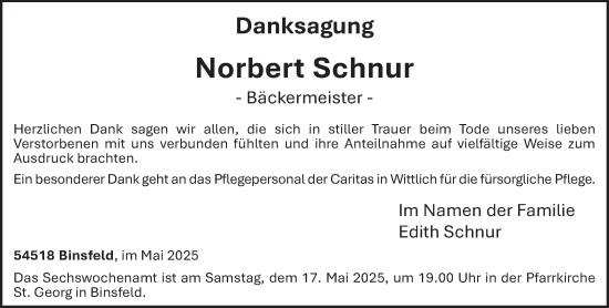 Traueranzeige von Norbert Schnur von trierischer_volksfreund