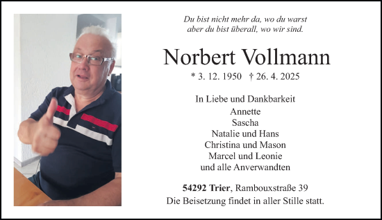 Traueranzeige von Norbert Vollmann von trierischer_volksfreund