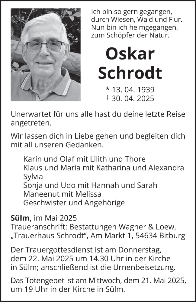  Traueranzeige für Oskar Schrodt vom 10.05.2025 aus trierischer_volksfreund