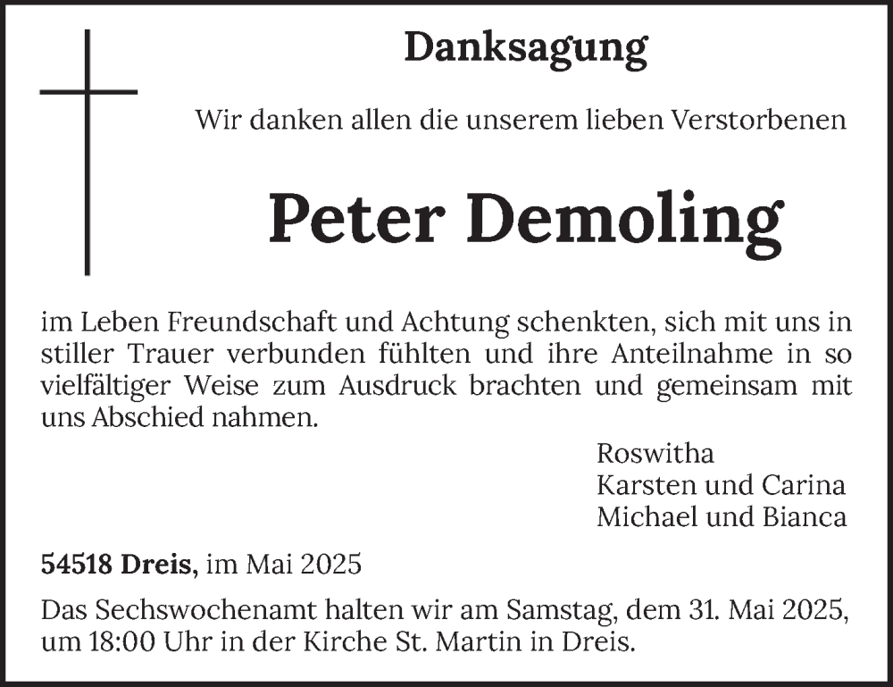  Traueranzeige für Peter Demoling vom 24.05.2025 aus trierischer_volksfreund
