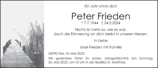 Traueranzeige von Peter Frieden von trierischer_volksfreund