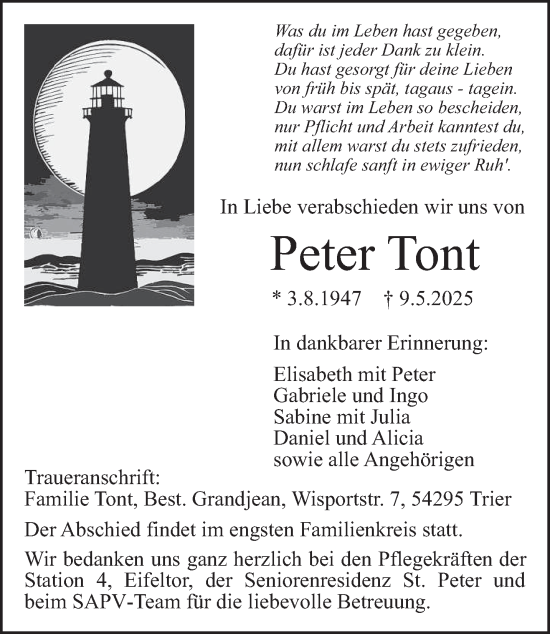 Traueranzeige von Peter Tont von trierischer_volksfreund