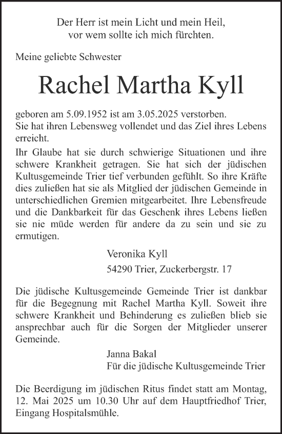 Traueranzeige von Rachel Martha Kyll von trierischer_volksfreund
