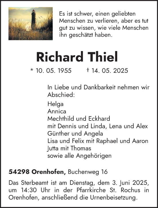 Traueranzeige von Richard Thiel von trierischer_volksfreund