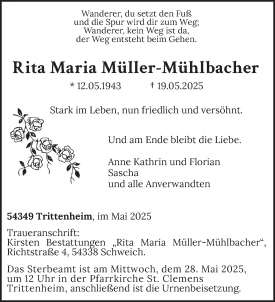 Traueranzeige von Rita Maria Müller-Mühlbacher von trierischer_volksfreund