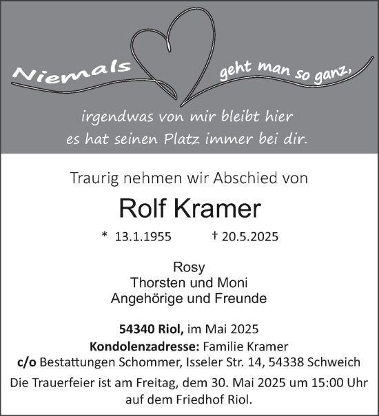 Traueranzeige von Rolf Kramer von trierischer_volksfreund