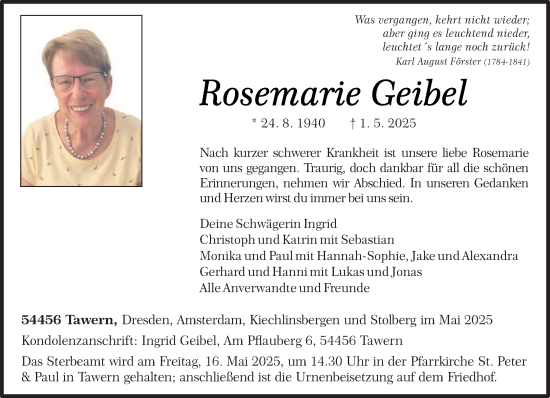 Traueranzeige von Rosemarie Geibel von trierischer_volksfreund