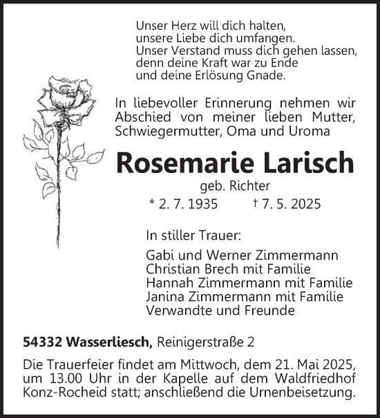 Traueranzeige von Rosemarie Larisch von trierischer_volksfreund