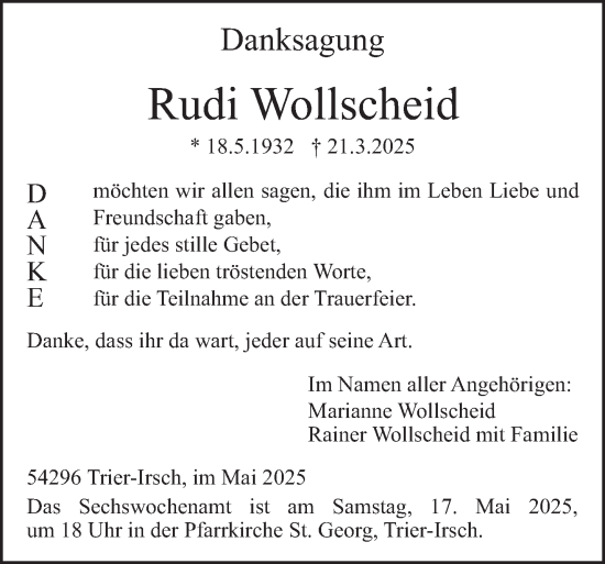 Traueranzeige von Rudi Wollscheid von trierischer_volksfreund