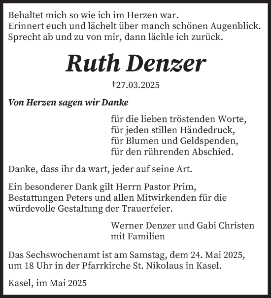 Traueranzeige von Ruth Denzer von trierischer_volksfreund